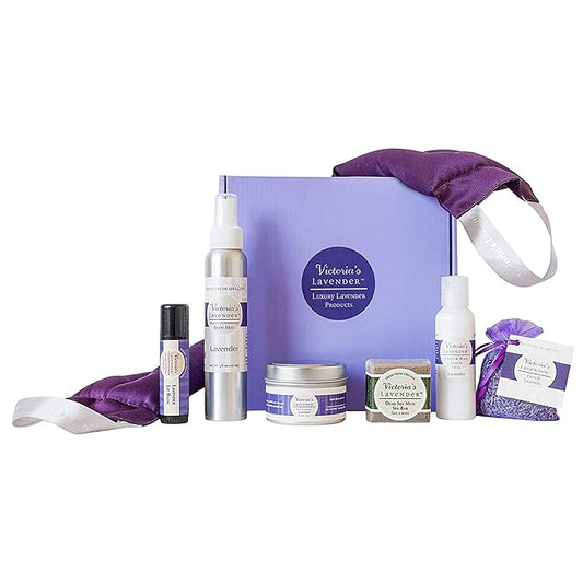 Victoria's Lavender Luxury Spa Gift Sets for Women - Neck Wrap, Body Mist, Body Lotion, Lip Balm, Soy Candle, Lavender Face Cream & Sachet, Made in USA Self Care Kit, Best Spa Kit for Women Gift Set