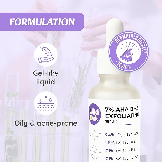 WildOak 7% AHA BHA Peeling Face Serum | 1% Fruit AHA | Skin Exfoliation, Pore Cleansing & Anti-Aging | Great for beginners | 1.01 fl oz