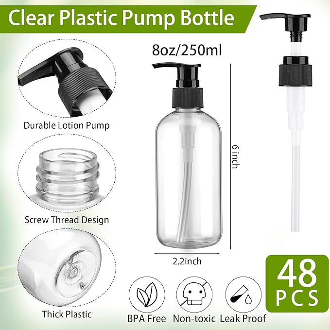 48 Pcs Pump Bottle Lotion Dispenser Refillable Shampoo Conditioner Hand Soap Dispenser Plastic Empty 8oz/250ml Clear Reusable Body Wash Container Bulk(Clear, White, Black)