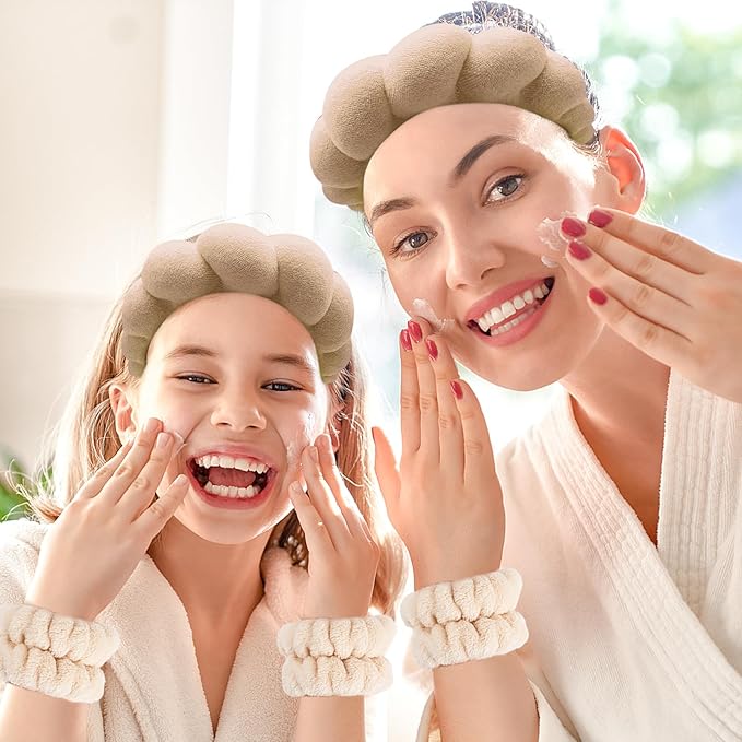 Zkptops Spa Headband for Washing Face Wristband Set Sponge Makeup Skincare Terry Cloth Bubble Soft Get Ready Hairband for Women Girl Puffy Padded Headwear Non Slip Thick Hair Accessory(Brown)