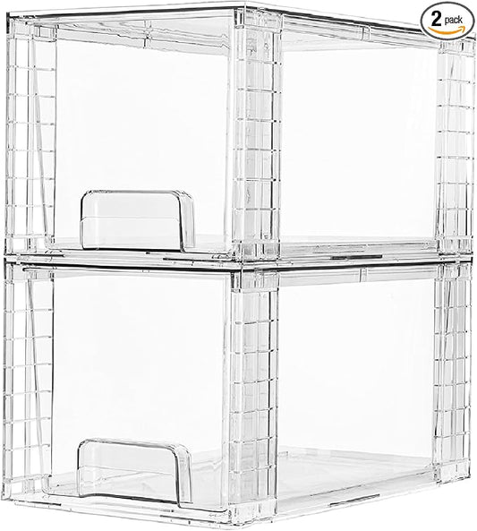 Vtopmart 2 Pack Large Stackable Storage Drawers,Clear Acrylic Drawer Organizers with Handles, Easily Assemble for Bathroom,Kitchen Undersink,Cabinet,Closet,Makeup,Pantry organization and Storage