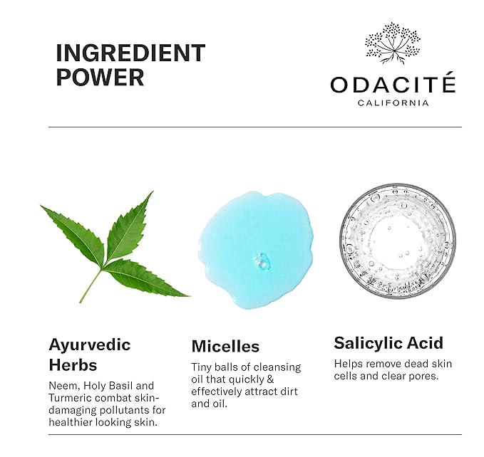 Odacité Facial Cleanser with Foam - Blue Aura Cleansing Water Facial Wash with Neem, Holy Basil & Turmeric - No-Rinse Micellar Water Removes Pollution, Impurities & Makeup, 4.0 fl. Oz