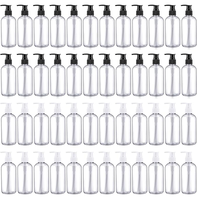 48 Pcs Pump Bottle Lotion Dispenser Refillable Shampoo Conditioner Hand Soap Dispenser Plastic Empty 8oz/250ml Clear Reusable Body Wash Container Bulk(Clear, White, Black)