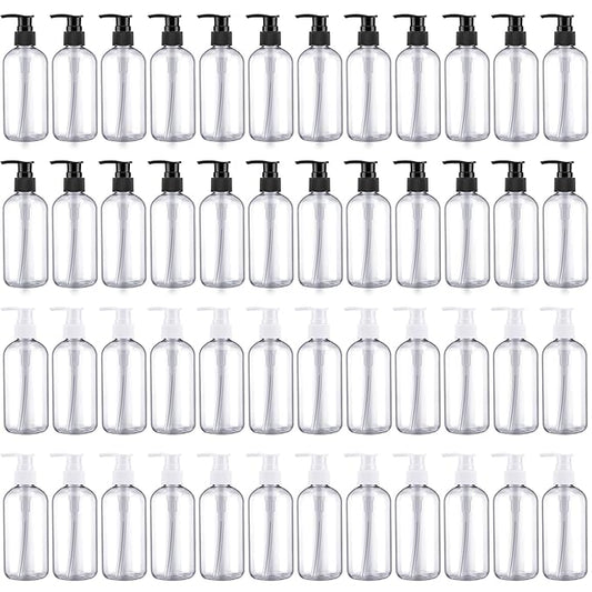 48 Pcs Pump Bottle Lotion Dispenser Refillable Shampoo Conditioner Hand Soap Dispenser Plastic Empty 8oz/250ml Clear Reusable Body Wash Container Bulk(Clear, White, Black)