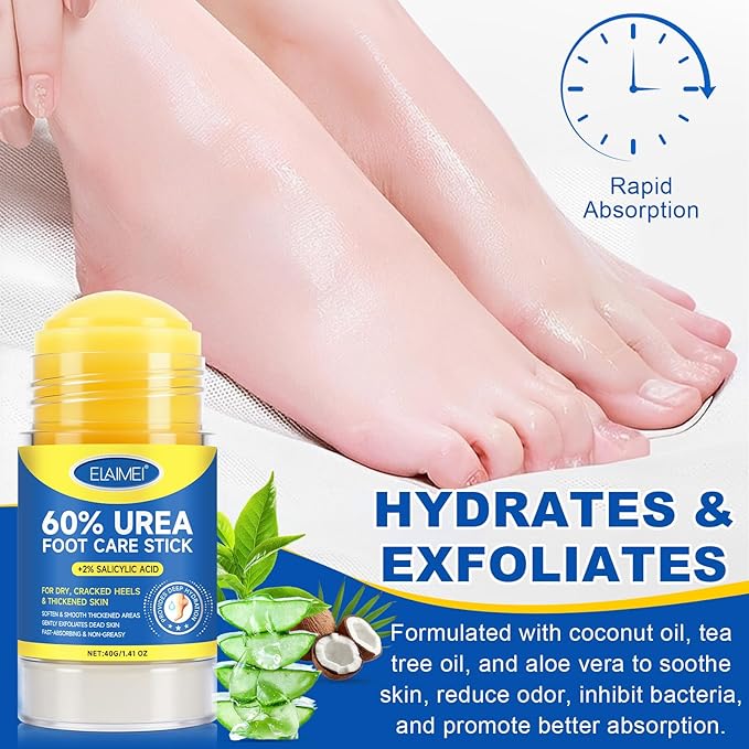 60% Urea Cream with 2% Salicylic Acid, Foot Repair Stick – Deep Moisturizing Callus Remover for Cracked Heels, Dry Feet, Elbows, and Hands – Non-Greasy, Hygienic Solid Stick (2pcs)