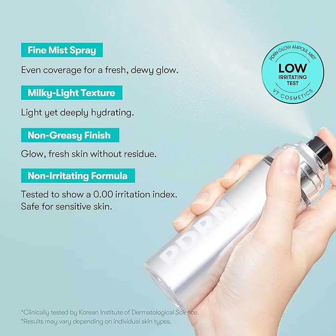 VT COSMETICS PDRN Glow Ampoule, PDRN Facial Mist, Deep Hydration Spray Serum, Vegan Skin Care, Light-weight Face Moisturizer, Plumping Effect, Fragrance-Free, Korean SkinCare (3.38 fl oz / 100 ml)