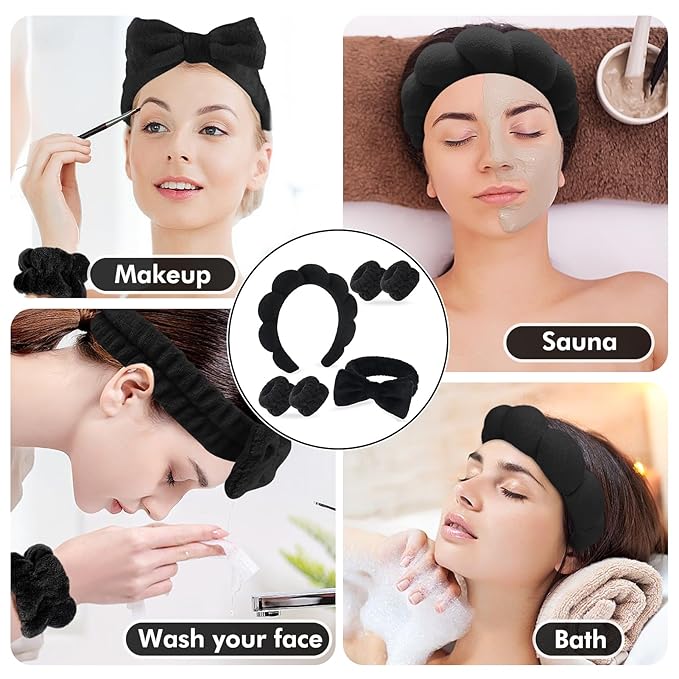 Zkptops 6Pcs Spa Headband for Washing Face Wristbands Set Women Bubble Skincare Makeup Sponge Terry Cloth Padded Puffy Headband Bow Tie Hairband Cute Non Slip Thick Hair Accessory Gifts(Black)
