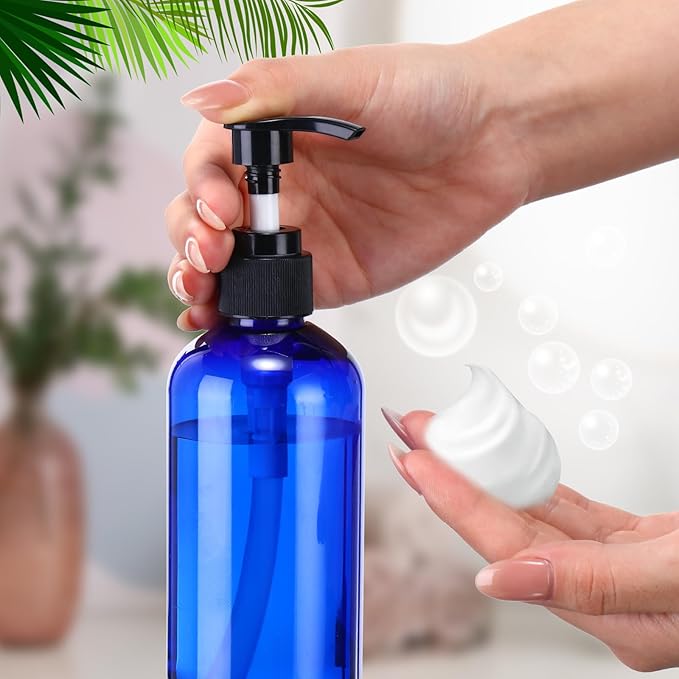 48 Pcs Pump Bottle Lotion Dispenser Refillable Shampoo Conditioner Hand Soap Dispenser Plastic Empty 8oz/250ml Clear Reusable Body Wash Container Bulk (Blue, Black)