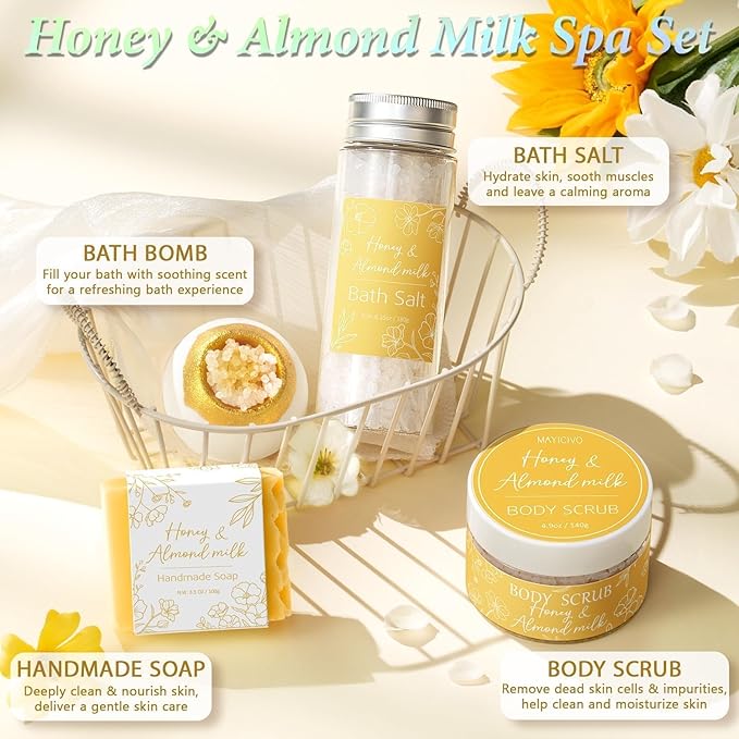 Spa Gifts for Women Bath Gift Set, Honey & Almond Milk Relaxing Spa Gift Baskets Home Bath Self Care Kit Care Package Thank You Christmas Birthday Gifts for Women Mom Her Friends Sister Teen Girl Wife