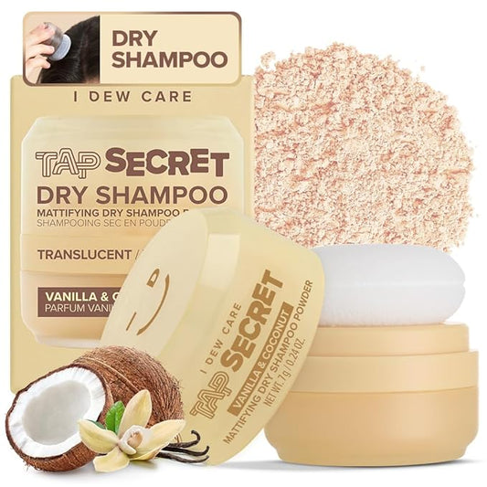 I DEW CARE Tap Secret Dry Shampoo Powder with Biotin & Korean Ginseng - Natural Non-Aerosol Dry Shampoo for Women | Warm Vanilla & Coconut Scent, Volumizing Hair, Travel Size, Stocking Stuffers 0.24Oz