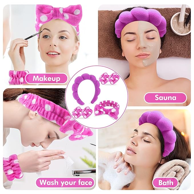 Zkptops 6Pcs Spa Headband for Washing Face Wristbands Set Women Bubble Skincare Makeup Sponge Terry Cloth Padded Puffy Headband Bow Tie Hairband Cute Non Slip Thick Hair Accessory Gifts(Dark Purple)