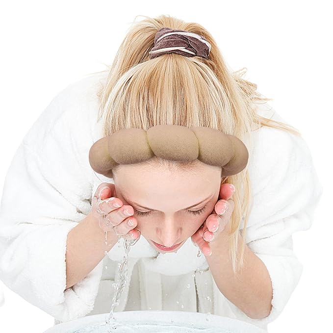 Zkptops Spa Headband for Washing Face Wristband Set Sponge Makeup Skincare Terry Cloth Bubble Soft Get Ready Hairband for Women Girl Puffy Padded Headwear Non Slip Thick Hair Accessory(Brown)