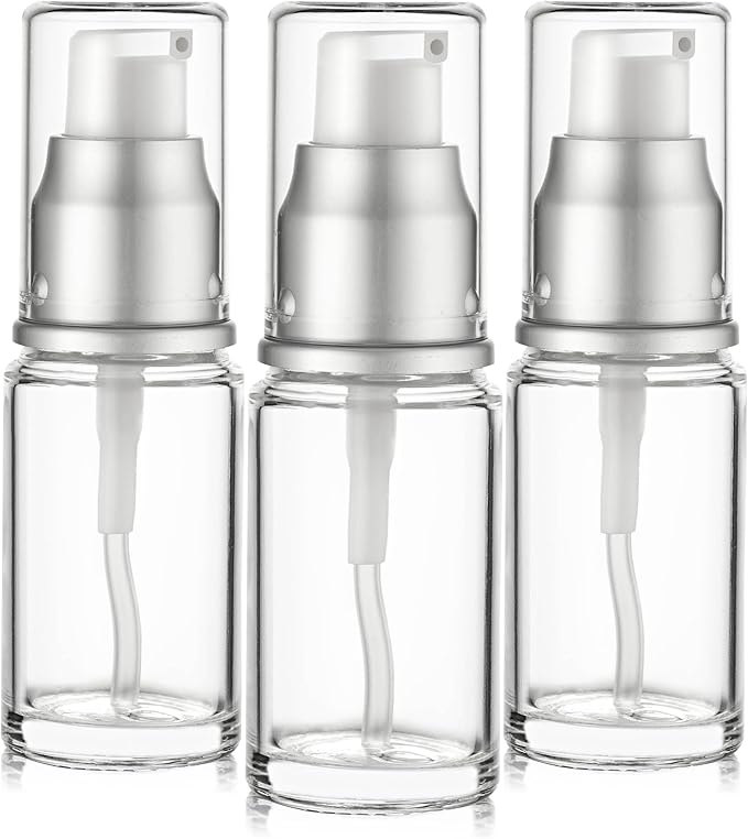 0.5 Oz 15ml Refillable Luxury Clear Glass Lotion Travel Pump Bottle with Silver Cap for Cosmetics, Lotion, Body Cream, Sanitizers, Cream, Foundation (Pack of 3)