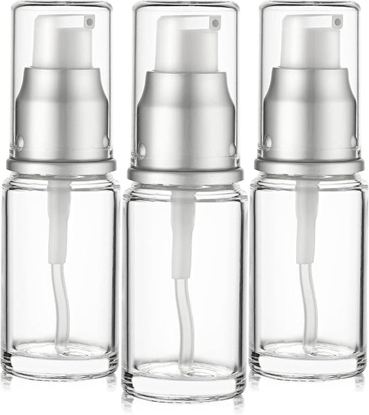 0.5 Oz 15ml Refillable Luxury Clear Glass Lotion Travel Pump Bottle with Silver Cap for Cosmetics, Lotion, Body Cream, Sanitizers, Cream, Foundation (Pack of 3)
