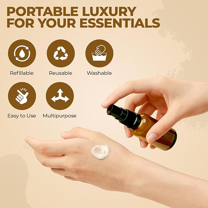 3 Pack Empty Refillable Glass Amber Pump Bottle Ideal for Lotion Cream Essential Oil Travel Small Container, 30ml