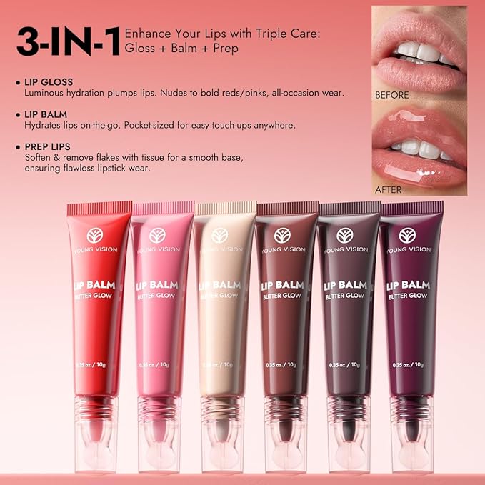 YOUNG VISION Glossy Lip Gloss Hydrating Butter Lip Plumper, Moisturizing Non-stick High Shine Natural Plumping Tinted Lip Gloss Oil for Women with Shine, Korean-Style Lip Gloss Set Bulk
