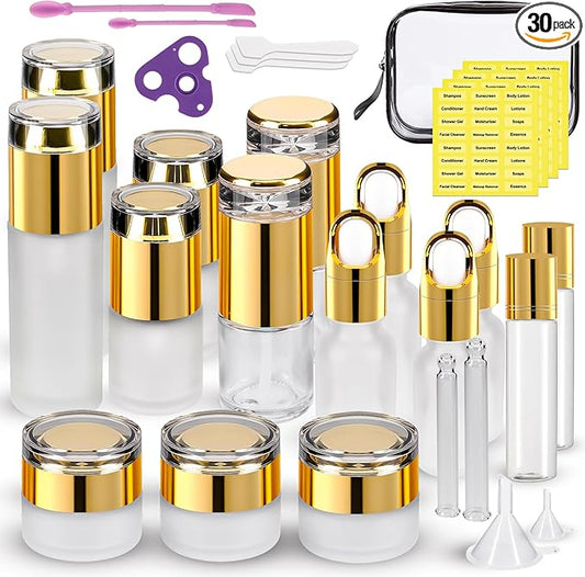 30 Pack TSA Approved Glass Travel Skincare Containers, 1.3/1/0.7/0.3oz Refillable Traveling Size Containers with Pump, Jars & Essential Oil Bottle in Clear Zip Bag, Leak-Proof for Creams & Liquids
