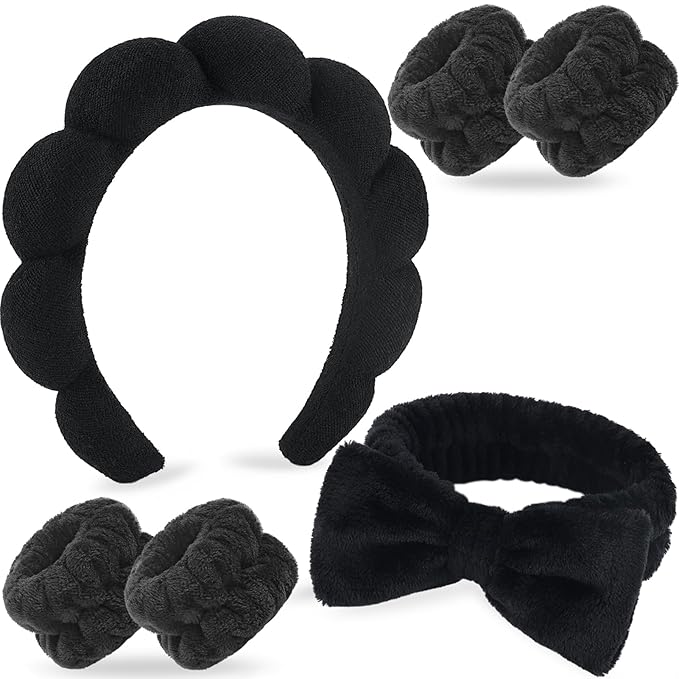 Zkptops 6Pcs Spa Headband for Washing Face Wristbands Set Women Bubble Skincare Makeup Sponge Terry Cloth Padded Puffy Headband Bow Tie Hairband Cute Non Slip Thick Hair Accessory Gifts(Black)