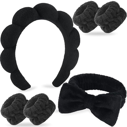 Zkptops 6Pcs Spa Headband for Washing Face Wristbands Set Women Bubble Skincare Makeup Sponge Terry Cloth Padded Puffy Headband Bow Tie Hairband Cute Non Slip Thick Hair Accessory Gifts(Black)
