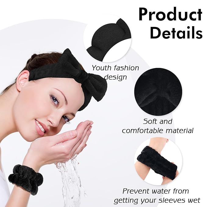 Zkptops 6Pcs Spa Headband for Washing Face Wristbands Set Women Bubble Skincare Makeup Sponge Terry Cloth Padded Puffy Headband Bow Tie Hairband Cute Non Slip Thick Hair Accessory Gifts(Black)