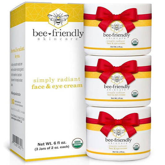 BeeFriendly Organic Face and Eye Cream, USDA Certified Organic Facial Moisturizer, All In One Natural Face, Eye, Neck, Decollete Cream Reduces Wrinkles & Lines, 6 oz (3 Jars in a box)
