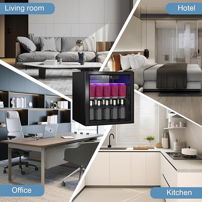 1.3 Cu.Ft Mini Fridge for 60 Cans, Beverage Refrigerator with Glass Door and Digital Display, Small Drink Fridge with Adjustable Shelves for Soda, Beer, Wine, Quiet Compact Fridge for Bedroom