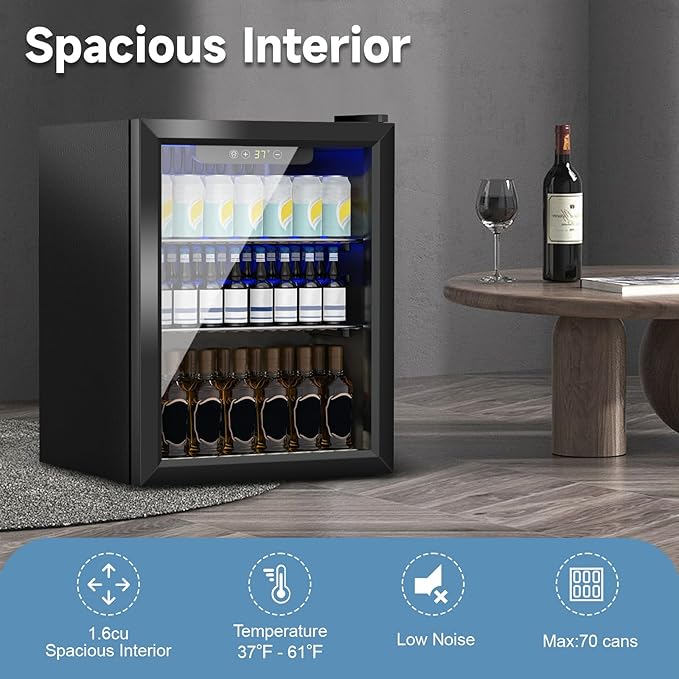 1.6 Cu.Ft Mini Fridge for 70 Cans, Small Beverage Refrigerator with Glass Door, Adjustable Shelves & Digital Display, Compact Drink Fridge for Bedroom, Office, Dorm, Bar, Under Counter Use