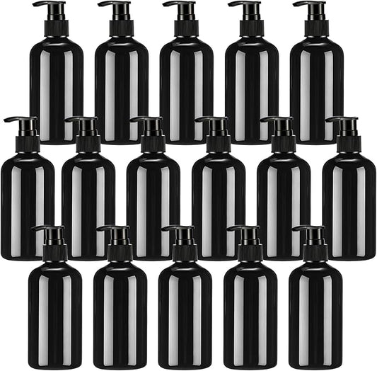 16 Pcs Empty Plastic Pump Bottles 8oz Refillable Lotion Pump Bottle Containers with Black Dispenser for Shampoo, Conditioner, Face Cream, Massage Oil, Liquid Soap