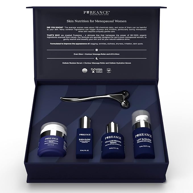 Pureance Mature Glow Gift Box - Beauty Skin Care Set for Women - Bakuchiol Plumping Serum, Dark Spot Corrector, Under Eye Cream, Hydrating Serum, Derma Roller - Facial Skincare Routine