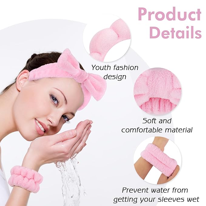Zkptops 6Pcs Spa Headband for Washing Face Wristbands Set Women Bubble Skincare Makeup Sponge Terry Cloth Padded Puffy Headband Bow Tie Hairband Cute Non Slip Thick Hair Accessory Gifts(Pink)