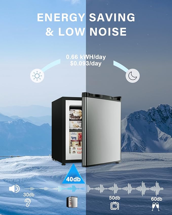 1.1 Cu.ft Mini Freezer - Compact Upright Freezer with 7 Adjustable Thermostat, Removable Shelf, Reversible Single Door, 360°Uniform Cooling Small freezer for Home Office Kitchen Dorm, Silver