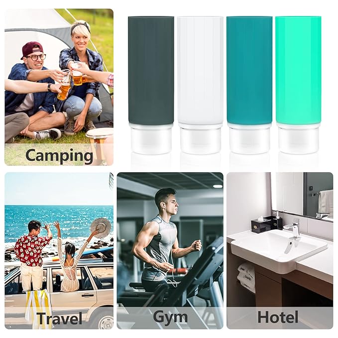 Travel Bottles - 4 Pack TSA Approved Leakproof Silicone Portable Refillable Containers for Shampoo, Conditioner, Body Lotion, Soap (3oz/89ml)