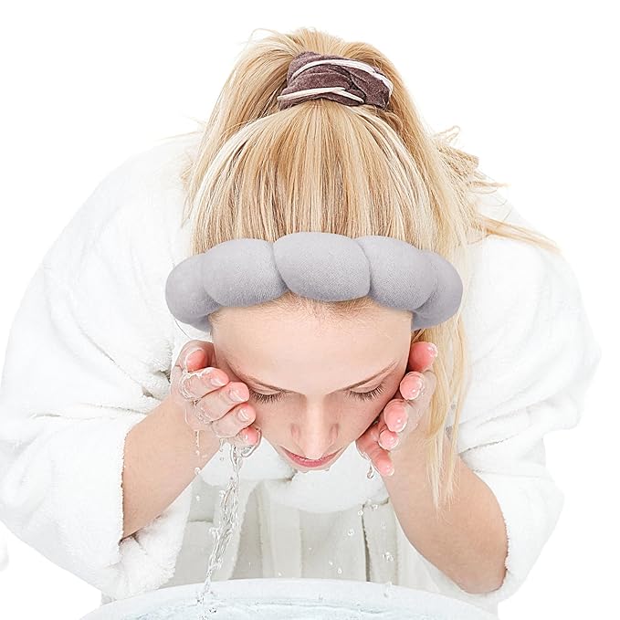 Zkptops Spa Headband for Washing Face Wristband Set Sponge Makeup Skincare Headband Terry Cloth Bubble Soft Get Ready Hairbands for Women Girl Puffy Padded Headwear Non Slip Thick Hair Accessory(Grey)