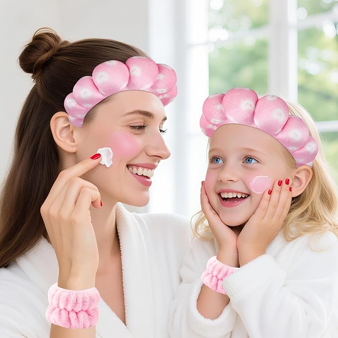 Zkptops Spa Headband for Washing Face Wristband Set Sponge Makeup Skincare Velvet Fabric Bubble Soft Get Ready Hairbands for Women Puffy Headwear Non Slip Thick Thin Hair Accessory (Pink Nuts)