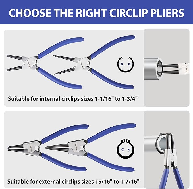 WORKPRO 4-Piece Snap Ring Pliers Set, 7-Inch Internal and External Circlip Pliers Kit with Straight and Bent Jaw, For Ring Remover Retaining, Storage Pouch Included, Father's Day Gifts