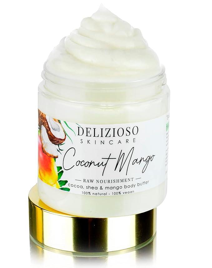 Coconut Mango 100% Natural & Vegan Raw Nourishment Body Butter - Cocoa, Shea & Mango Butter - Rich, Quick Absorbing Moisturizer For Full Body, Hands & Feet - Handmade, Cruelty Free, with Organics, Delizioso Skincare - 8 oz