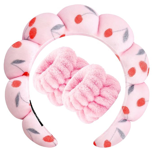 Zkptops Spa Headband for Washing Face Wristband Set Sponge Makeup Skincare Headband Velvet Fabric Bubble Soft Get Ready Hairbands for Women Puffy Headwear Non Slip Thick Thin Hair Accessory (Cherries)