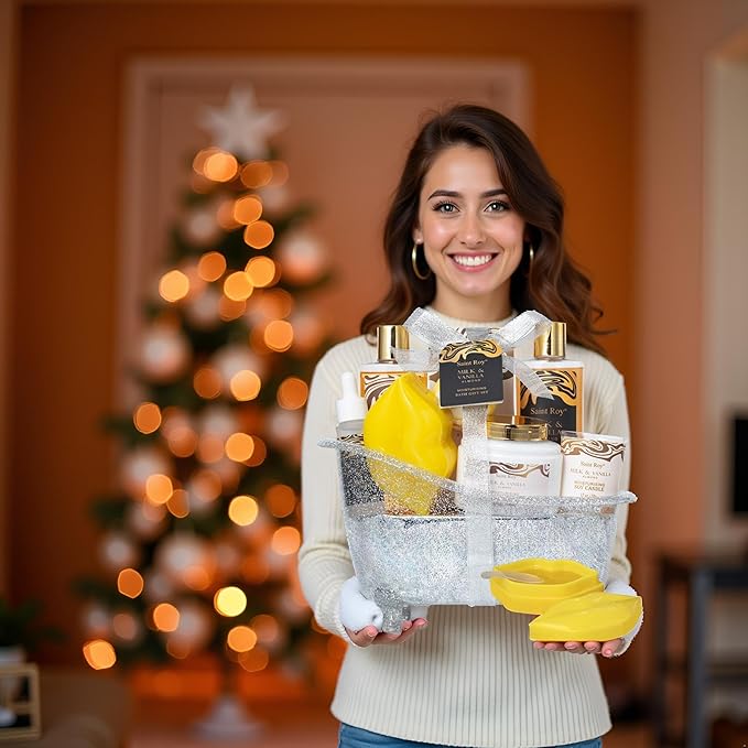 Spa Gift Basket, Luxury bath kit Christmas Gifts for Women, Bath and Body Almond Milk Vanilla Spa Gifts for Women, Bath Gift Set Shower Gel, Scent Lotion, Lip Mask, Birthday Holiday Bridal Shower