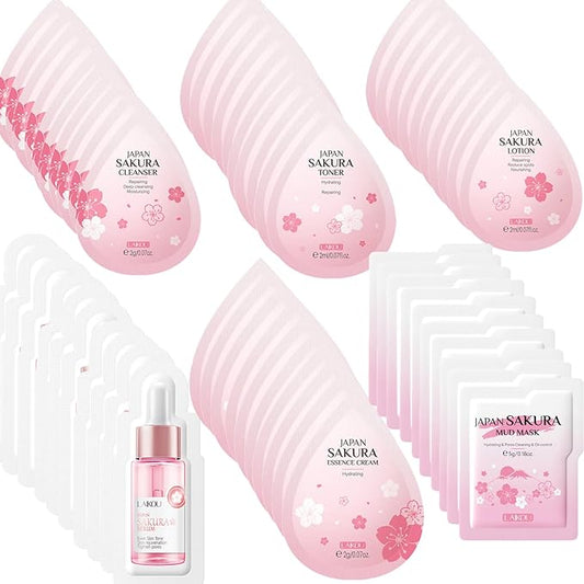 60 Mini Travel Skincare Products, Mini Travel Items Including Face Wash, Serum, Toner, Lotion, Moisturizing Cream, Sakura Mud Mask, Face Skin Care Routine Kit Organic Skin Care Set