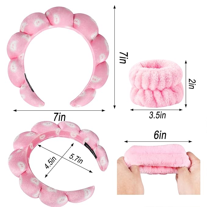 Zkptops Spa Headband for Washing Face Wristband Set Sponge Makeup Skincare Velvet Fabric Bubble Soft Get Ready Hairbands for Women Puffy Headwear Non Slip Thick Thin Hair Accessory (Pink Nuts)