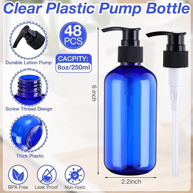 48 Pcs Pump Bottle Lotion Dispenser Refillable Shampoo Conditioner Hand Soap Dispenser Plastic Empty 8oz/250ml Clear Reusable Body Wash Container Bulk (Blue, Black)