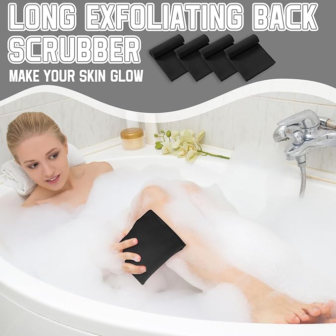 Tatuo 4 Pieces Korean Exfoliating Washcloth Body Back Scrubber Japanese Italy Exfoliating Cloth 35.5 Inch Long Bath Towel Washcloth Dead Skin Remover for Men Women(Black)