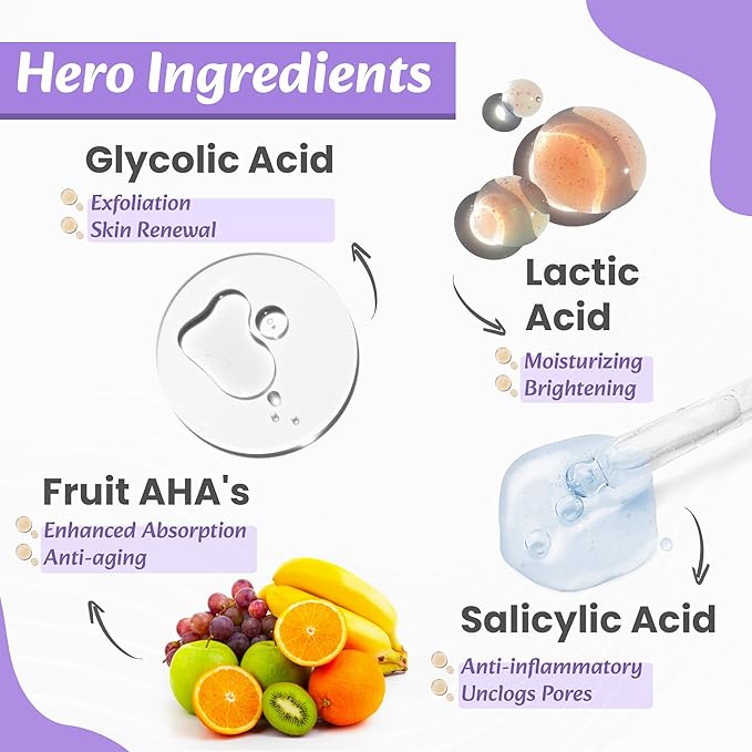 WildOak 7% AHA BHA Peeling Face Serum | 1% Fruit AHA | Skin Exfoliation, Pore Cleansing & Anti-Aging | Great for beginners | 1.01 fl oz