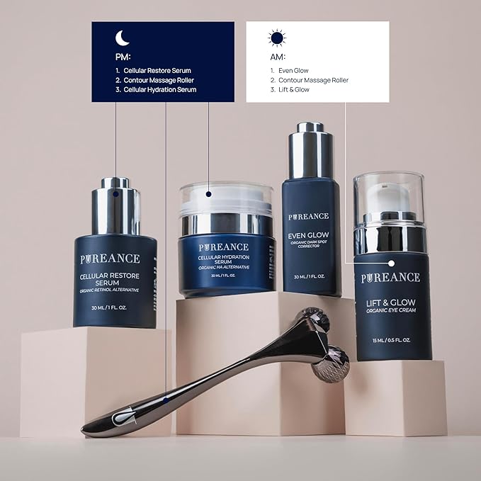 Pureance Mature Glow Gift Box - Beauty Skin Care Set for Women - Bakuchiol Plumping Serum, Dark Spot Corrector, Under Eye Cream, Hydrating Serum, Derma Roller - Facial Skincare Routine