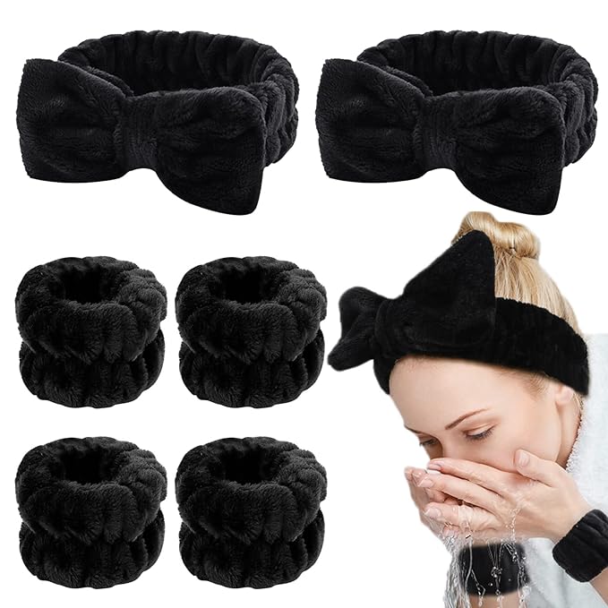 WHAVEL 6PCS Spa Headband and Wristbands Set, Face Wash Headband Wrist Bands for Washing Face Makeup Skincare Hair Band Skin Care Accessories Tools