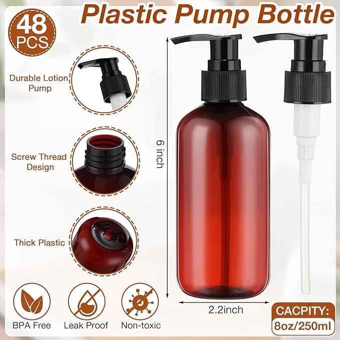 48 Pcs Pump Bottle Lotion Dispenser Refillable Shampoo Conditioner Hand Soap Dispenser Plastic Empty 8oz/250ml Clear Reusable Body Wash Container Bulk (Brown, Black)