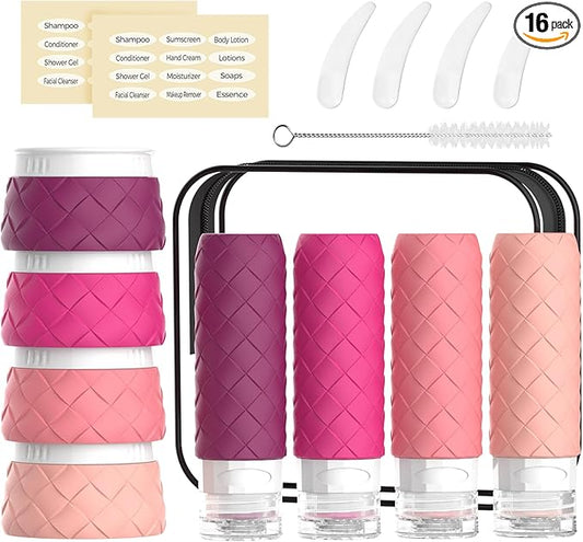 16 Pack Travel Bottles for Toiletries, TSA Approved Travel Size Toiletries Containers Set BPA-Free Silicone Leak Proof Refillable Bottles Stackable Creams Jars Accessories Kit W/Clear Bag Purplish Red