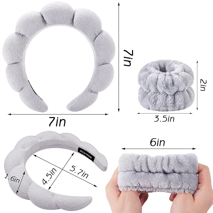 Zkptops Spa Headband for Washing Face Wristband Set Sponge Makeup Skincare Headband Terry Cloth Bubble Soft Get Ready Hairbands for Women Girl Puffy Padded Headwear Non Slip Thick Hair Accessory(Grey)
