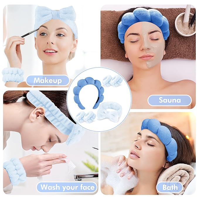 Zkptops 6Pcs Spa Headband for Washing Face Wristbands Set Women Bubble Skincare Makeup Sponge Terry Cloth Padded Puffy Headband Bow Tie Hairband Cute Non Slip Thick Hair Accessory Gifts(Dark Blue)