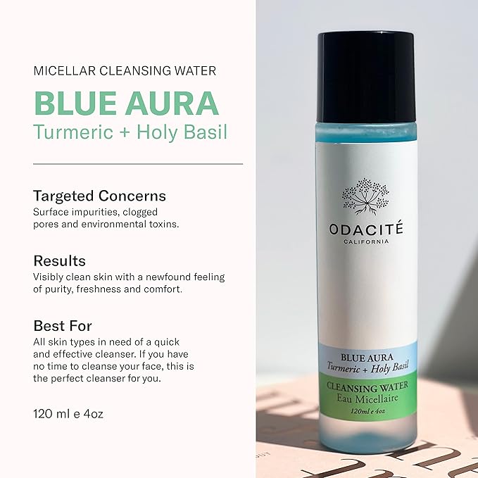 Odacité Facial Cleanser with Foam - Blue Aura Cleansing Water Facial Wash with Neem, Holy Basil & Turmeric - No-Rinse Micellar Water Removes Pollution, Impurities & Makeup, 4.0 fl. Oz